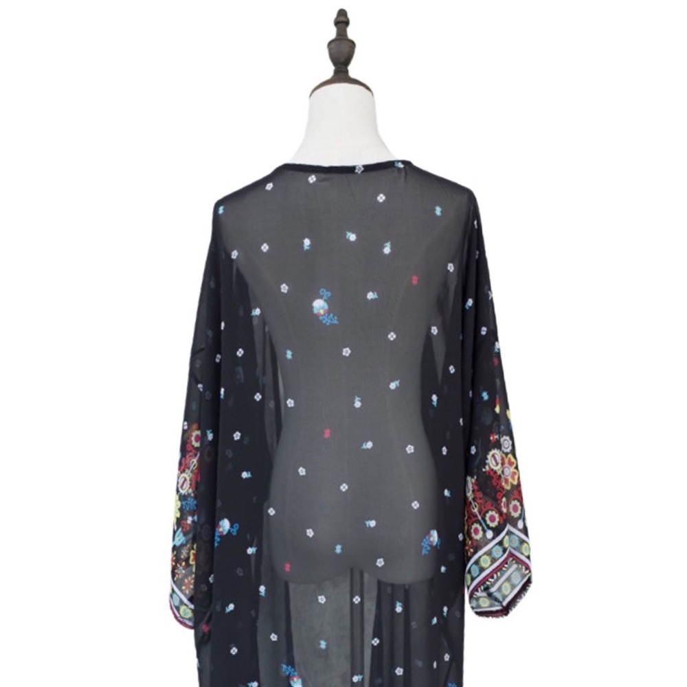Boho Chic Black Floral Kimono Beach Coverup - Picture 14 of 16